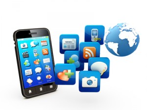 Smartphone with cloud of application icons Note: All Devices design and all screen interface graphics.