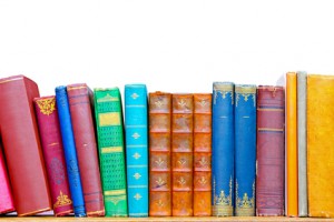 Colorful, used books on a shelf.